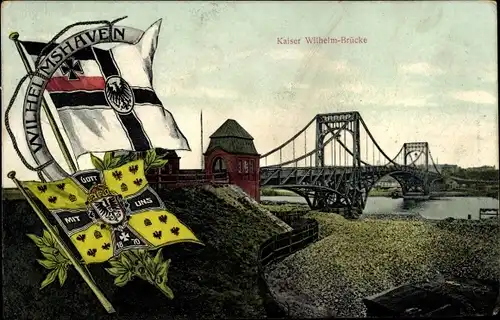 Ak Wilhelmshaven in Niedersachsen, Kaiser Wilhelm Brücke, Fahnen, Gott mit uns