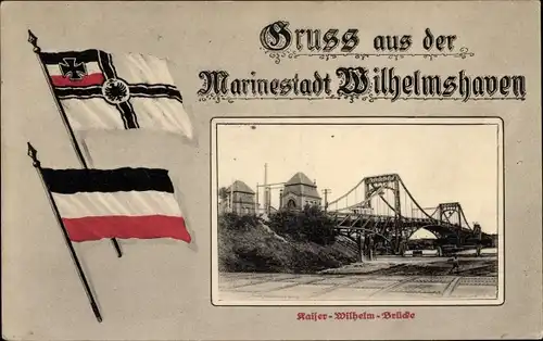 Passepartout Ak Wilhelmshaven an der Nordsee, Kaiser Wilhelm Brücke, Fahnen