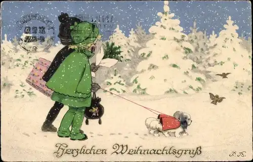 Künstler Ak Baumgarten, Fritz, Glückwunsch Weihnachten, Kinder mit Hund im Winter