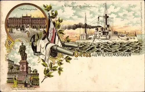 Litho Wilhelmshaven, Werfttorgebäude, Prinz Adalbert Denkmal, Panzerschiff SMS Brandenburg