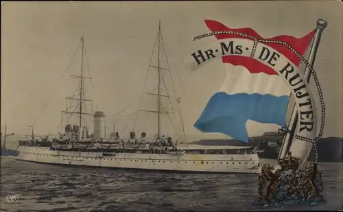 Ak Niederländisches Kriegsschiff, Hr. Ms. De Ruijter, Flagge, Wappen