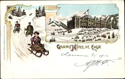 Winter Litho Caux Kt. Waadt Schweiz, Grand Hotel, Schlittenfahrt