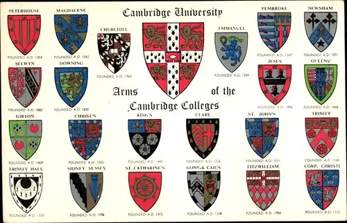 Wappen Ak Cambridge East England, University, Arms of the Colleges, Peterhouse, Churchill, Newnham