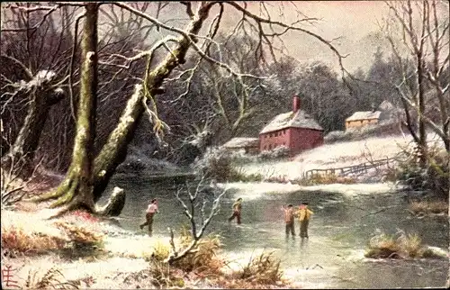 Künstler Ak Kinder laufen Schlittschuh, Zugefrorener Fluss