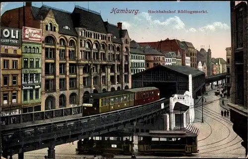 Ak Hamburg, Hochbahnhof Rödingsmarkt, Straßenbahn