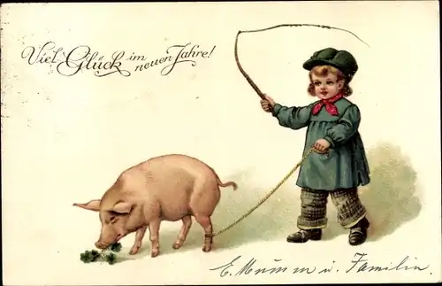 Ak Glückwunsch Neujahr, Junge, Schwein, Glücksklee