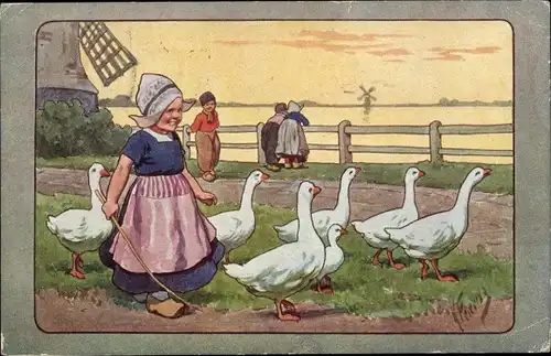 Künstler Ak Feiertag, Karl, Mädchen in holländischer Tracht, Gänse, BKWI 188-6