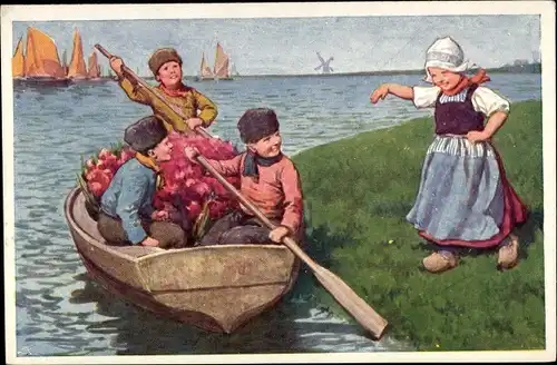 Künstler Ak Feiertag, Karl, Kinder in niederländischen Trachten, Jungen beim Rudern, Blumen