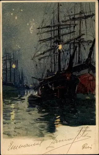 Ak Oostende Ostende Westflandern, Segelschiff im Hafen bei Nacht