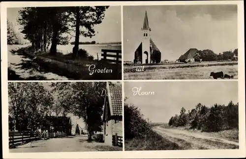Ak Den Hoorn Texel Nordholland Niederlande, Panorama, Kirche, Feldweg, Gebäude