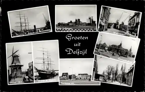 Ak Delfzijl Groningen, Soda Industrie, Waterpoort, Gemeentehuis, Molen Adam, Stationsplein, Kerk