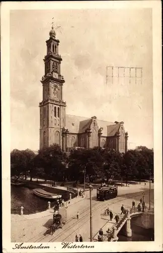 Ak Amsterdam Nordholland Niederlande, Westertoren, Straßenbahn