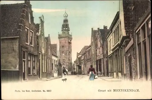 Ak Monnikendam Waterland Nordholland Niederlande, Straßenansicht, Turm