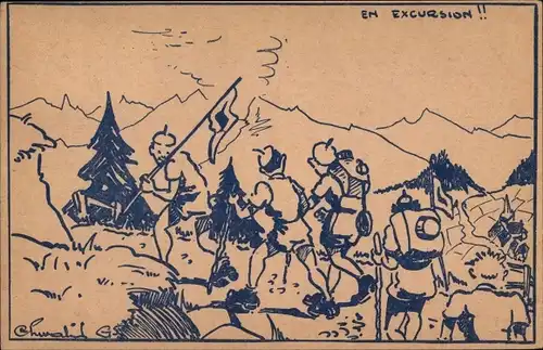 Künstler Ak En Excursion, Pfadfinder