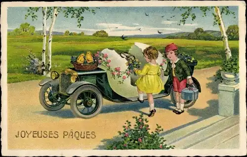 Ak Glückwunsch Ostern, Mädchen steigt in ein Automobil, Küken in einem Weidenkorb