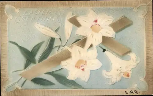 Präge Litho Glückwunsch Ostern, Kreuz und weiße Lilien