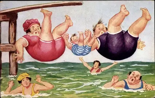 Ak Familie springt ins Wasser, dicke Eltern
