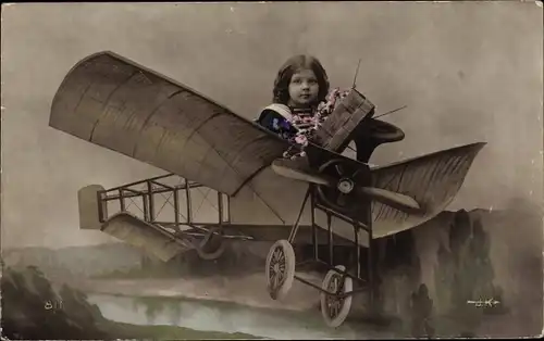 Ak Mädchen in einem Flugzeug, Portrait, Fotomontage