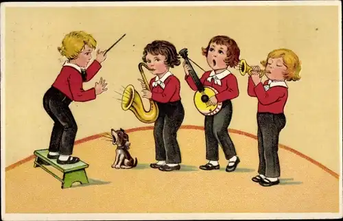 Ak Kinder mit Musikinstrumenten, jaulender Hund, Dirigent