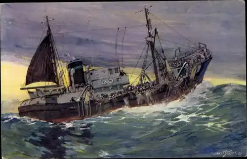 Künstler Ak Sebille, A., Chalutier de grande peche ramassant son chalut,Comite National de l'Enfance