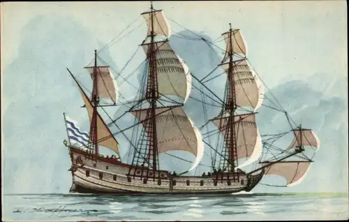 Künstler Ak Haffner, Flûte, Segelschiff, Dreimaster, Fleute