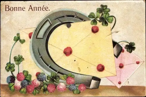 Präge Ak Glückwunsch Neujahr, Hufeisen, Briefe, Kleeblätter