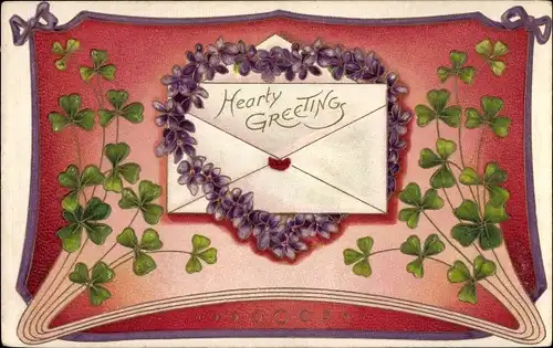 Präge Litho Hearty Greetings, Veilchen, Brief, Kleeblätter