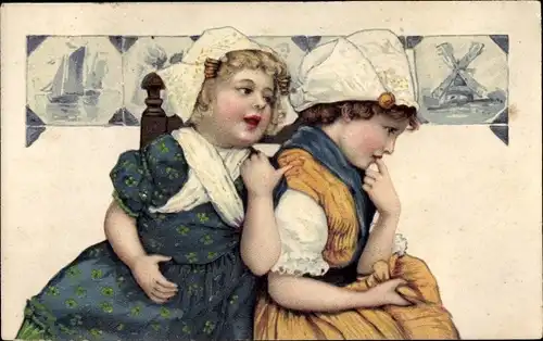 Präge Litho Mädchen in niederländischer Tracht, Windmühle, Segelschiff