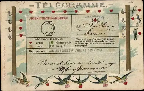 Präge Ak Glückwunsch Neujahr, Telegramm, Schwalben, Herzen, Telefonmast