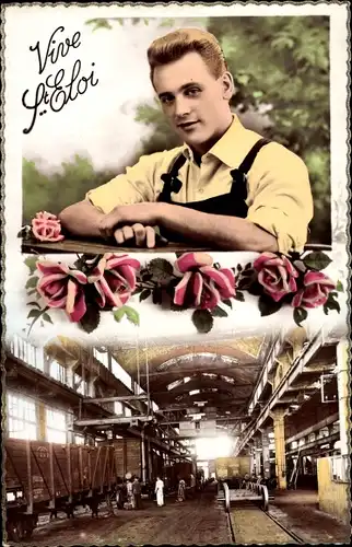 Ak Vive St. Eloi, Mann, Eisenbahnhalle, Güterwaggons