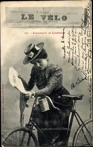 Ak Le Velo, Journal des Sports, Journaux et Lecteurs, Frau mit Fahrrad