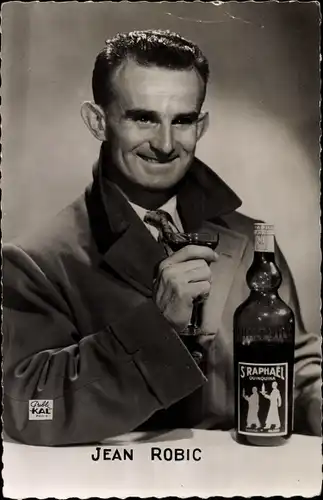 Ak Radrennfahrer Jean Robic mit Schnapsglas, Reklame, St. Raphael