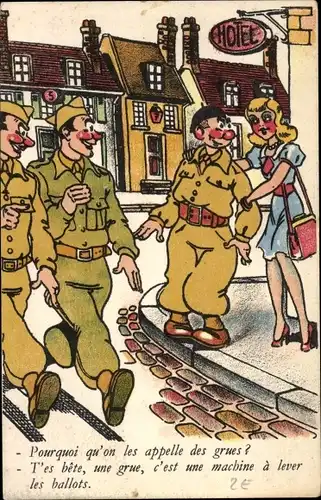 Ak Humoristique Militaire, Pourquoi qu'on les appelle des grues, französische Soldaten, Hotel