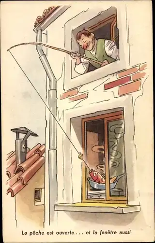 Ak Mann angelt Fisch aus der Bratpfanne, La peche est ouverte