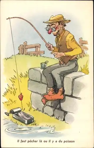 Ak Mann angelt Fisch aus einer Sardinendose, Il faut pecher la ou il y a du poisson