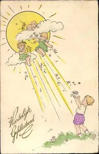 Ak Glückwunsch Geburtstag, Engel werfen Blumen auf ein Kind