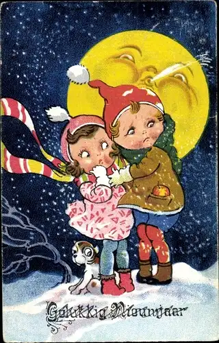 Ak Glückwunsch Neujahr, Zwei Kinder im Schnee, Mondgesicht, Hund