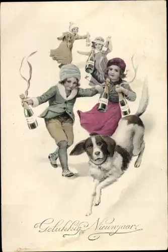 Ak Glückwunsch Neujahr, Kinder mit Sektflaschen, Hund