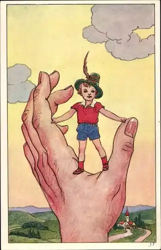 Künstler Ak Der kleine Däumling, Klein Duimpje, Menschliche Hand