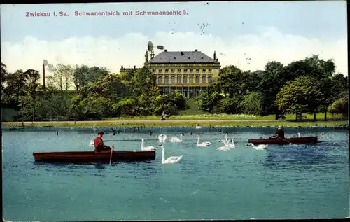 Ak Zwickau in Sachsen, Schwanenschloss, Schwanenteich, Ruderboote