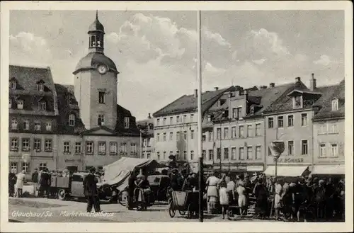 Ak Glauchau in Sachsen, Markt mit Rathaus, Karren