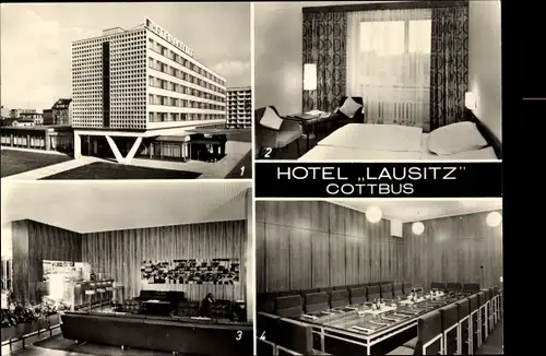 Ak Cottbus, Hotel Lausitz, Innenansicht, Hallenbar, Konferenzraum, Hotelzimmer