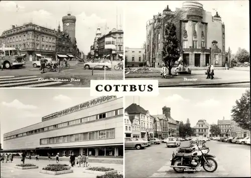 Ak Cottbus in der Niederlausitz, Ernst-Thälmann-Platz, Theater, Altmarkt, Motorräder