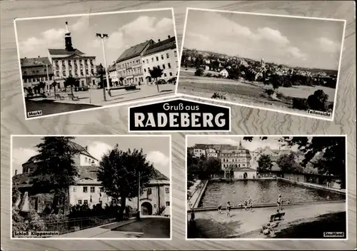 Ak Radeberg in Sachsen, Markt, Teilansicht, Schloss Klippenstein, Stadtbad