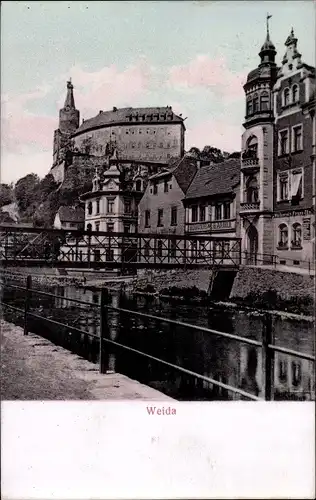 Ak Weida in Thüringen, Teilansicht, Burg, Brücke