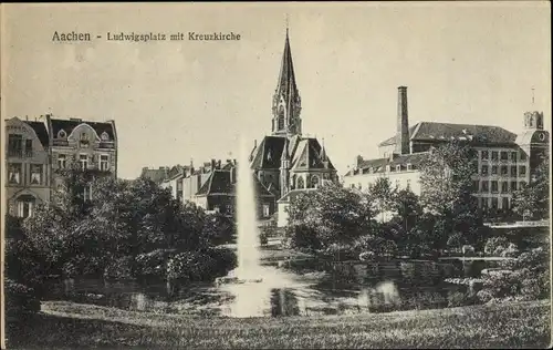 Ak Aachen, Ludwigsplatz mit Kreuzkirche, Fontäne