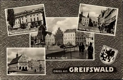 Passepartout Ak Greifswald in Vorpommern, E. M. Arndt Universität, Straße der Freundschaft, Rathaus