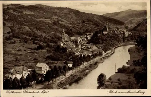 Ak Heimbach in der Eifel, Blick vom Meuchelberg auf die Stadt, Fluss