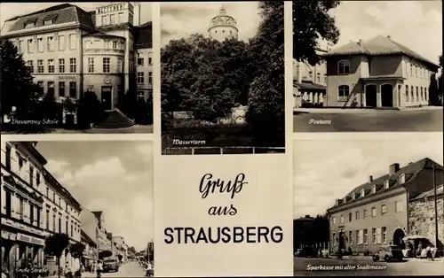 Ak Strausberg in der Mark, Wasserturm, Postamt, Große Straße, Sparkasse, alte Stadtmauer