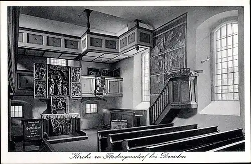 Ak Fördergersdorf Tharandt im Erzgebirge, Blick in die Kirche, Altar, Kanzel